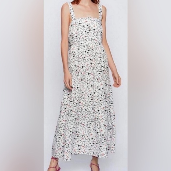 ZARA WHITE & BLACK FLORAL PRINT MAXI DRESS TIE BACK - Picture 13 of 13